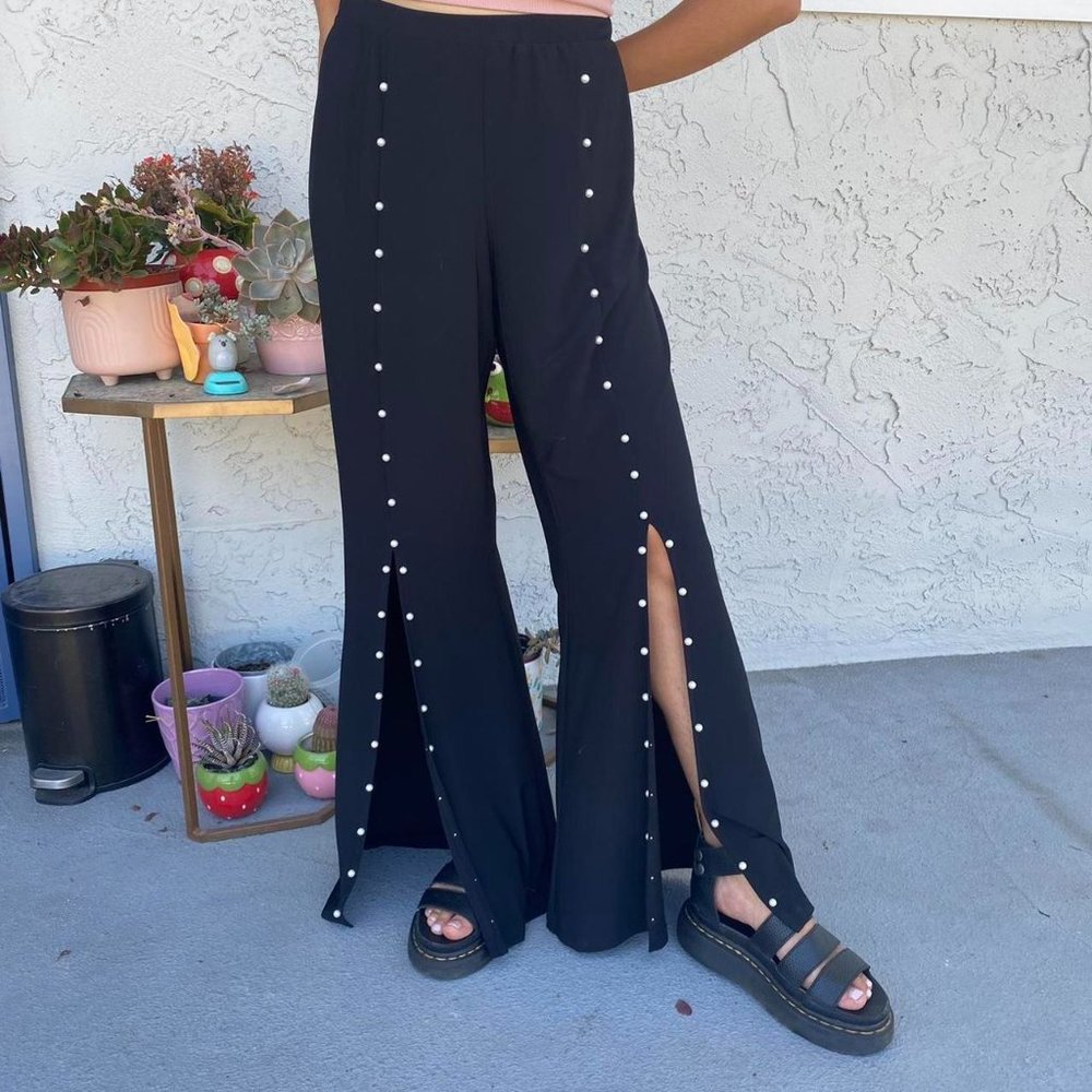 Black split-leg pearl embellished flare pants